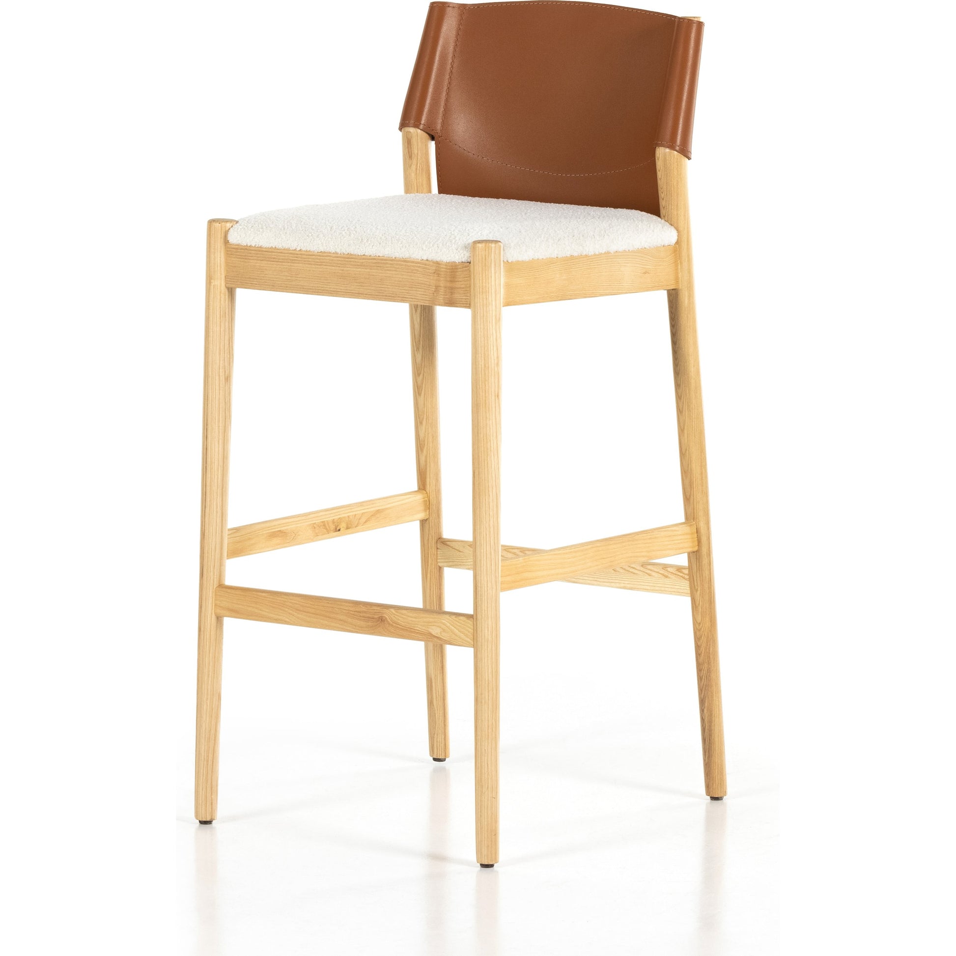 Lulu Bar Stool by Four Hands in espresso leather, cardiff cream. Made from 100% polyester, solid ash, 70% split leather, 30% polyvinyl chloride (pvc) in a modern style.