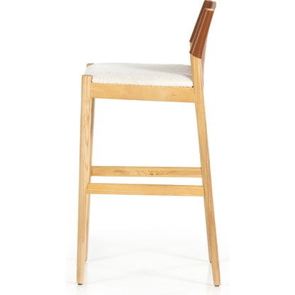 Lulu Bar Stool by Four Hands in espresso leather, cardiff cream. Made from 100% polyester, solid ash, 70% split leather, 30% polyvinyl chloride (pvc) in a modern style.