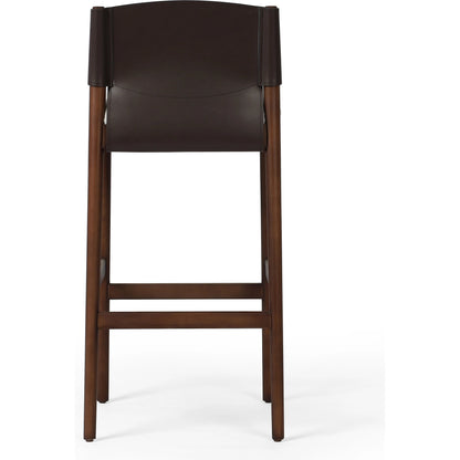 Lulu Bar Stool by Four Hands in espresso leather, cardiff cream. Made from 100% polyester, solid ash, 70% split leather, 30% polyvinyl chloride (pvc) in a modern style.