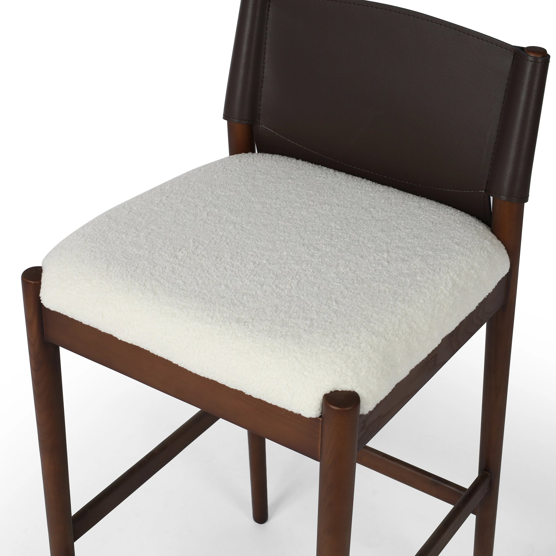 Lulu Bar Stool by Four Hands in espresso leather, cardiff cream. Made from 100% polyester, solid ash, 70% split leather, 30% polyvinyl chloride (pvc) in a modern style.