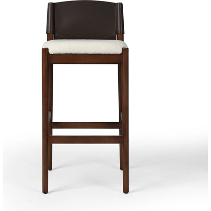 Lulu Bar Stool by Four Hands in espresso leather, cardiff cream. Made from 100% polyester, solid ash, 70% split leather, 30% polyvinyl chloride (pvc) in a modern style.