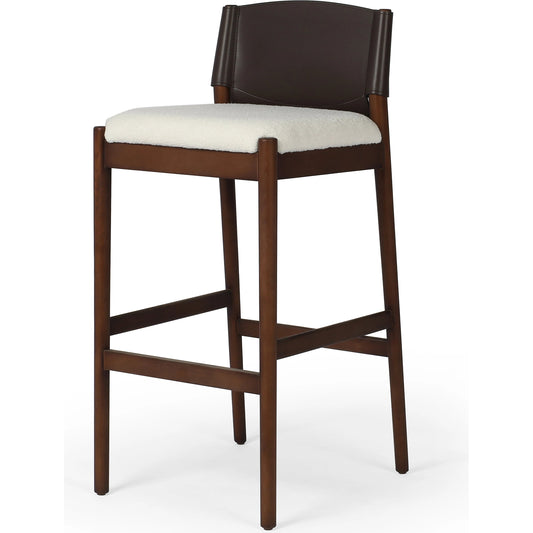 Lulu Bar Stool by Four Hands in espresso leather, cardiff cream. Made from 100% polyester, solid ash, 70% split leather, 30% polyvinyl chloride (pvc) in a modern style.