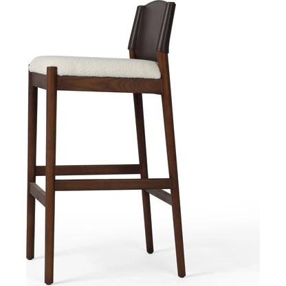 Lulu Bar Stool by Four Hands in espresso leather, cardiff cream. Made from 100% polyester, solid ash, 70% split leather, 30% polyvinyl chloride (pvc) in a modern style.