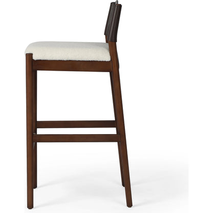 Lulu Bar Stool by Four Hands in espresso leather, cardiff cream. Made from 100% polyester, solid ash, 70% split leather, 30% polyvinyl chloride (pvc) in a modern style.