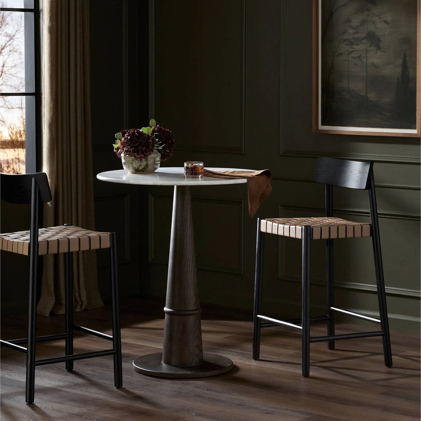 012 SI-1799233 | Lifestyle | Heisler Bar Stool by Four Hands in black. Made from 70% split leather, 30% polyvinyl chloride (pvc), solid ash, ash veneer in a modern style.