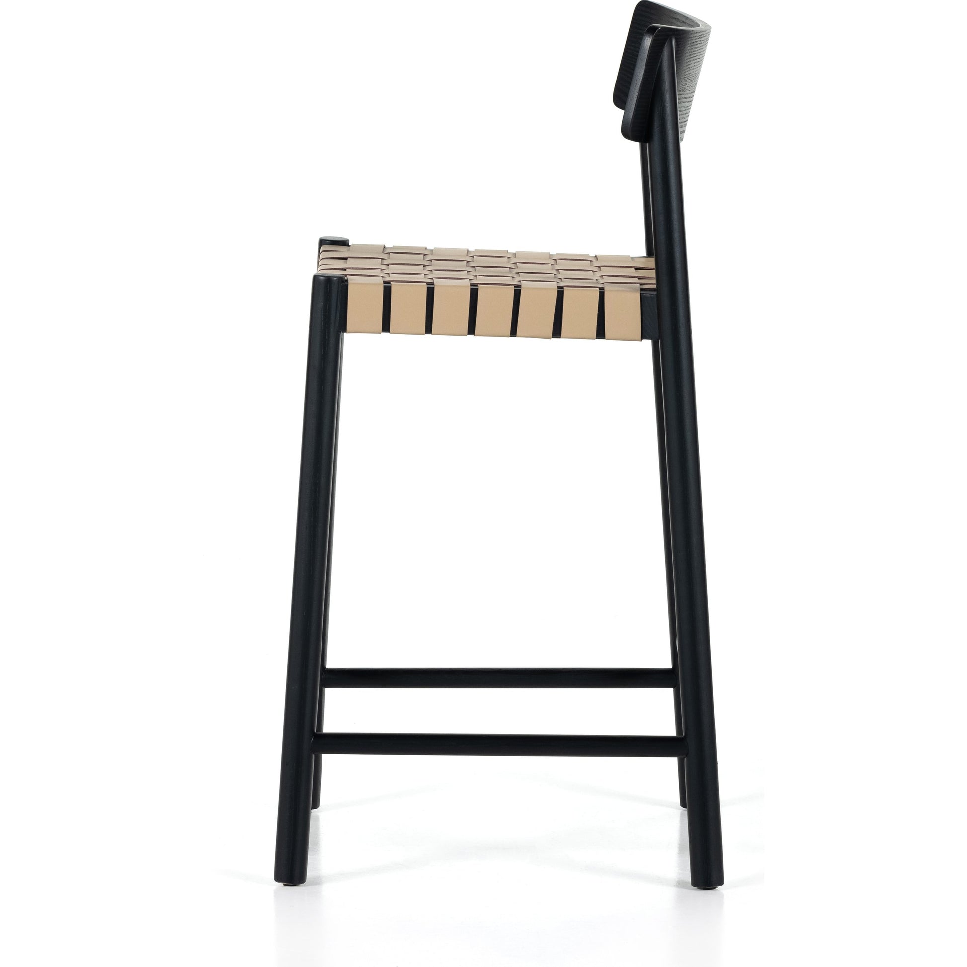 Heisler Counter Stool by Four Hands in almond leather and black. Made from 70% split leather, 30% polyvinyl chloride (pvc), solid ash, ash veneer in a transitional style.