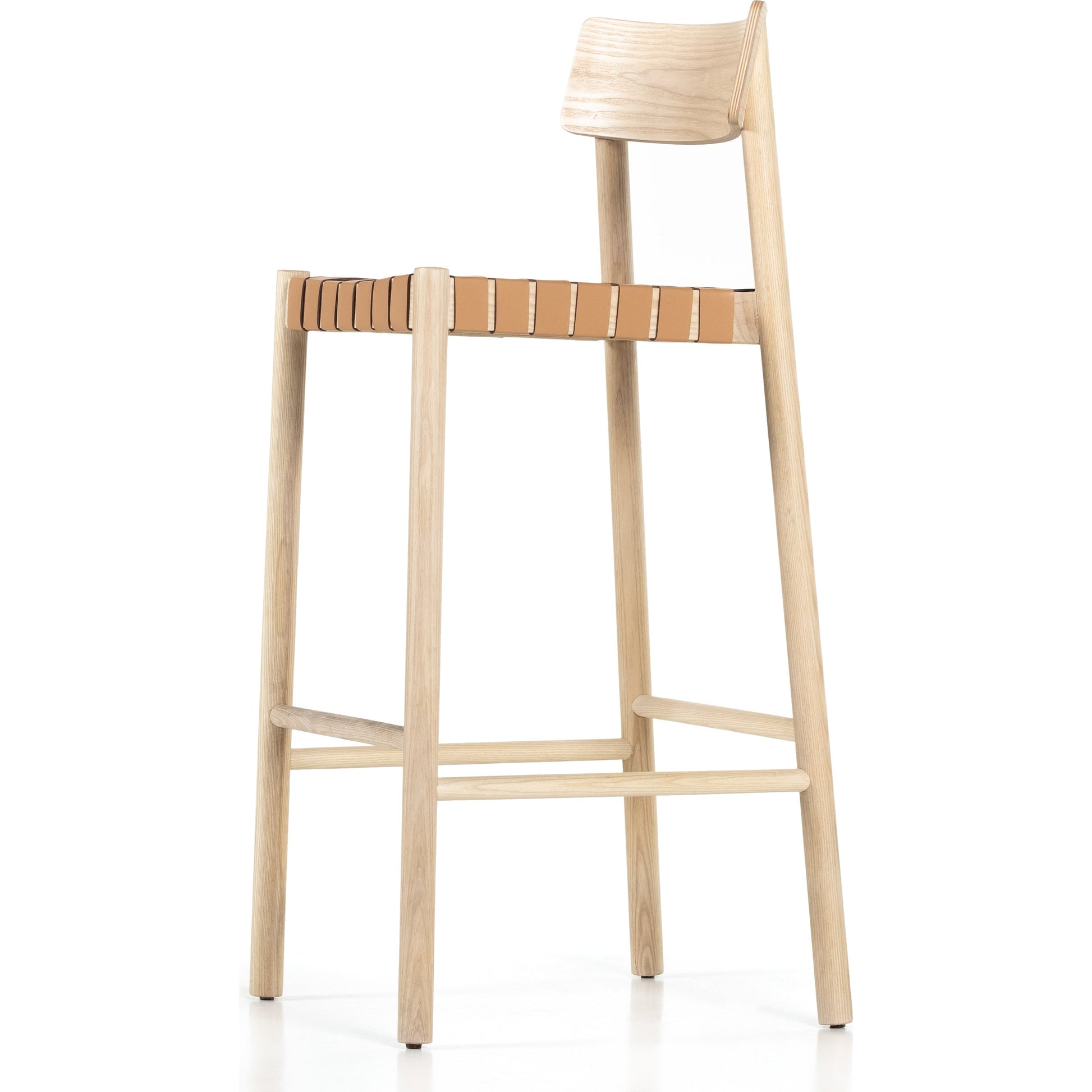 Heisler Bar Stool by Four Hands in black. Made from 70% split leather, 30% polyvinyl chloride (pvc), solid ash, ash veneer in a modern style.