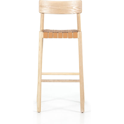 Heisler Bar Stool by Four Hands in black. Made from 70% split leather, 30% polyvinyl chloride (pvc), solid ash, ash veneer in a modern style.