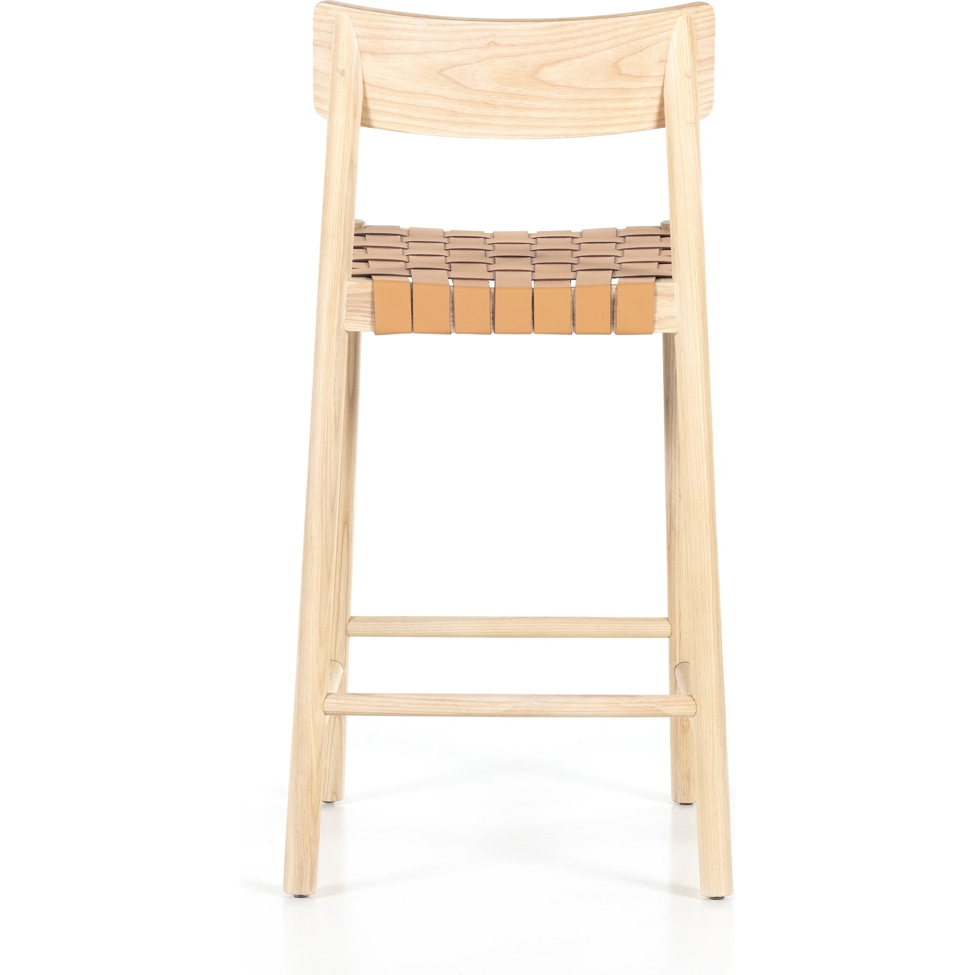 Heisler Counter Stool by Four Hands in almond leather and black. Made from 70% split leather, 30% polyvinyl chloride (pvc), solid ash, ash veneer in a transitional style.