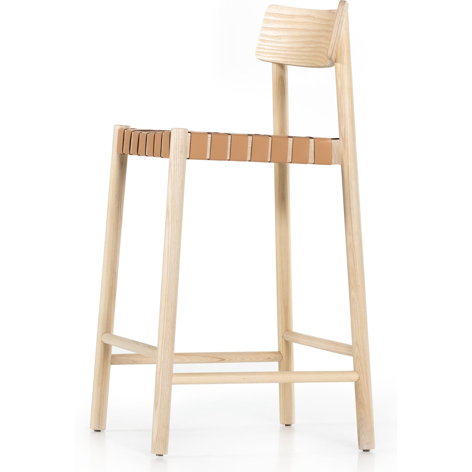 Heisler Counter Stool by Four Hands in almond leather and black. Made from 70% split leather, 30% polyvinyl chloride (pvc), solid ash, ash veneer in a transitional style.