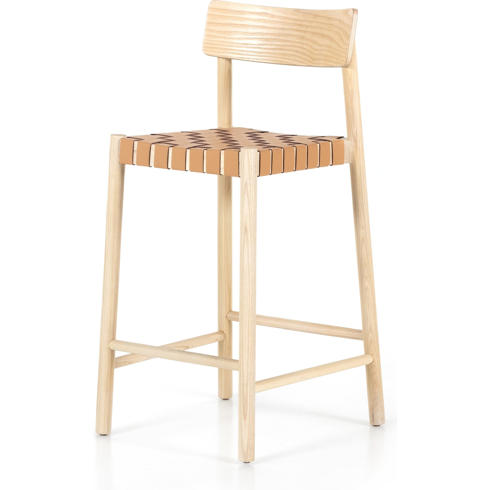 Heisler Counter Stool by Four Hands in almond leather and black. Made from 70% split leather, 30% polyvinyl chloride (pvc), solid ash, ash veneer in a transitional style.