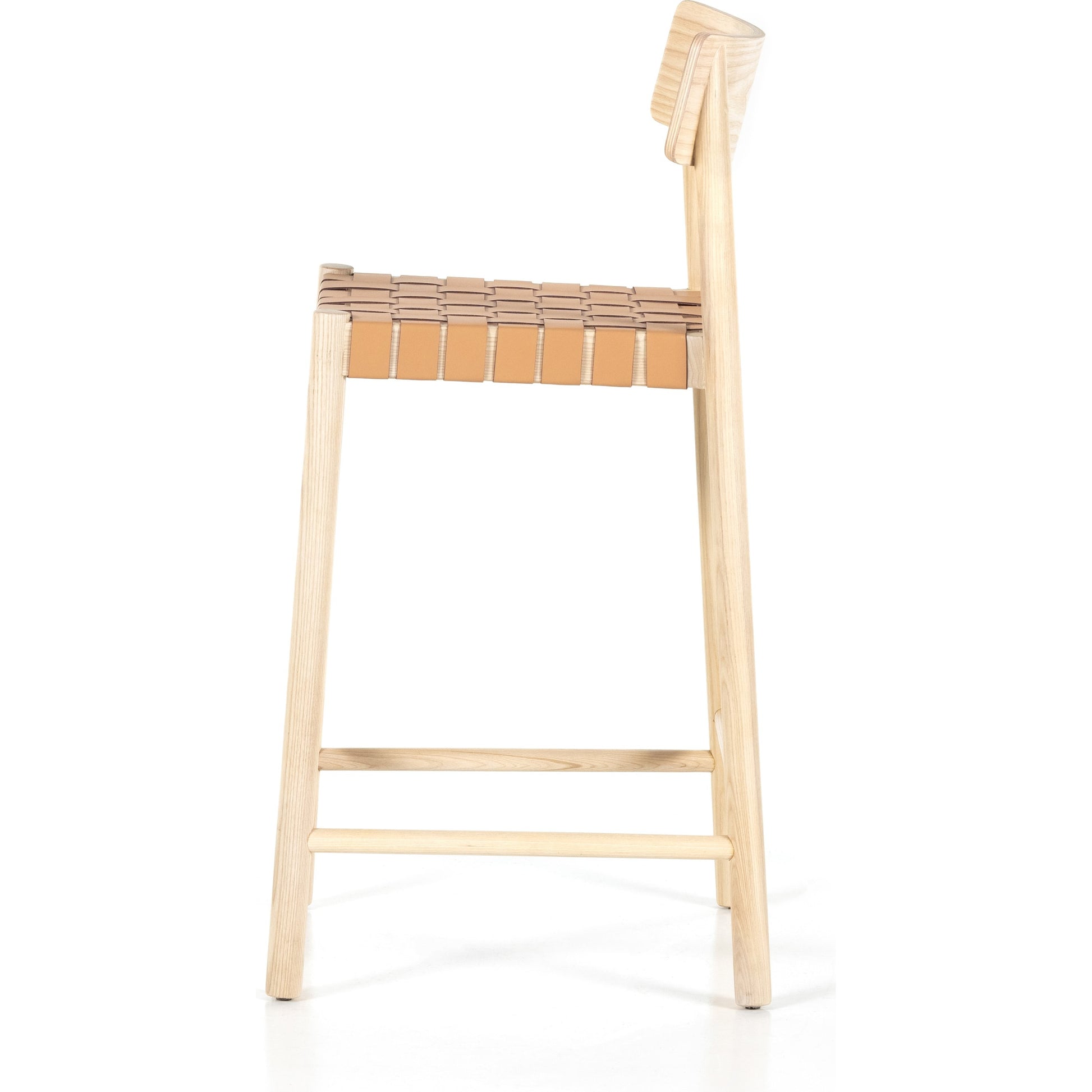 Heisler Counter Stool by Four Hands in almond leather and black. Made from 70% split leather, 30% polyvinyl chloride (pvc), solid ash, ash veneer in a transitional style.