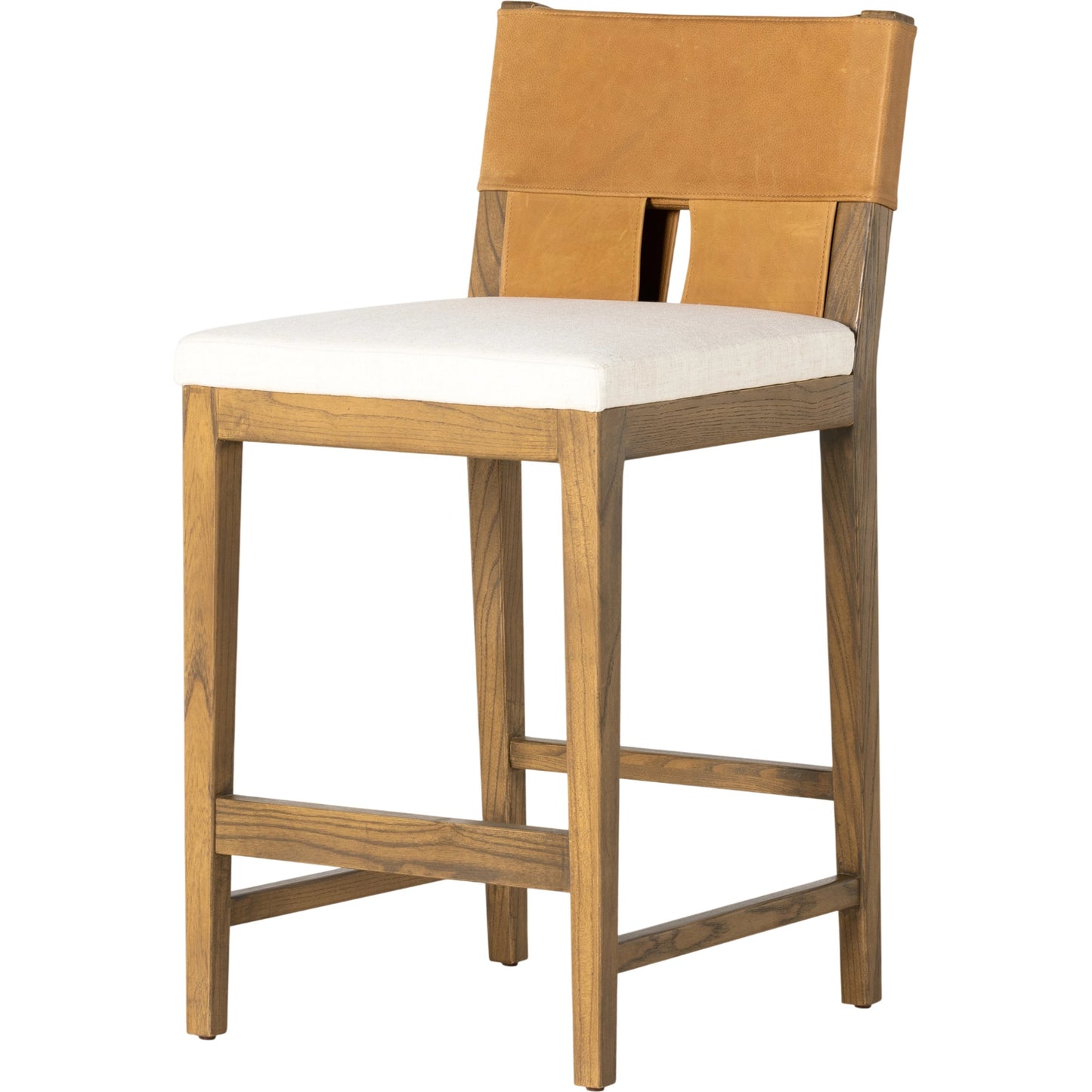 001 SI-1977782 | Primary Silo | Sem Counter Stool by Four Hands in palermo butterscotch, lamont nettlewood, halcyon ivory. Made from 92% polyester, 8% flax, linen, solid nettlewood, top grain leather in a modern style.