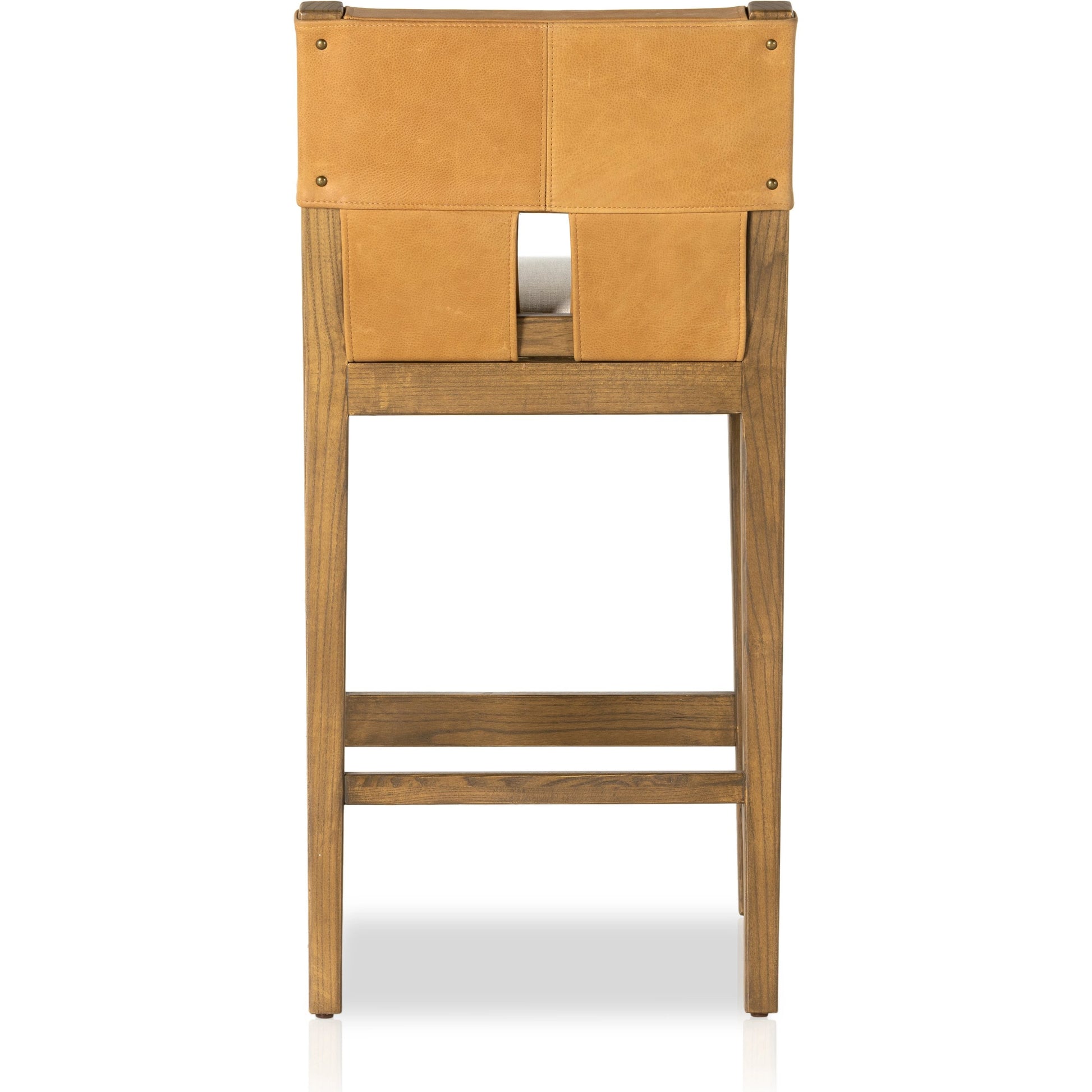 Sem Counter Stool by Four Hands in palermo butterscotch, lamont nettlewood, halcyon ivory. Made from 92% polyester, 8% flax, linen, solid nettlewood, top grain leather in a modern style.