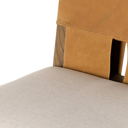 Sem Counter Stool by Four Hands in palermo butterscotch, lamont nettlewood, halcyon ivory. Made from 92% polyester, 8% flax, linen, solid nettlewood, top grain leather in a modern style.