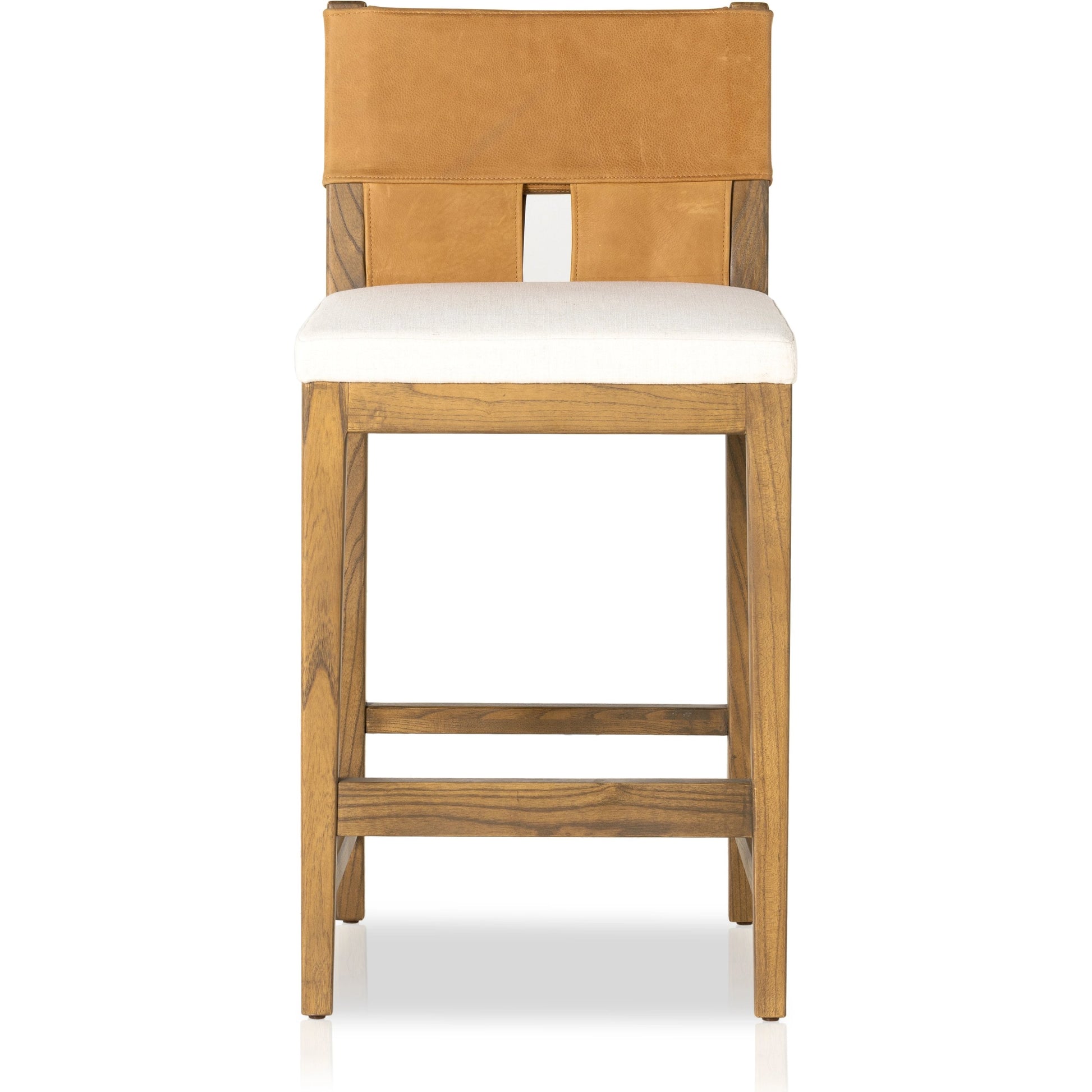 Sem Counter Stool by Four Hands in palermo butterscotch, lamont nettlewood, halcyon ivory. Made from 92% polyester, 8% flax, linen, solid nettlewood, top grain leather in a modern style.