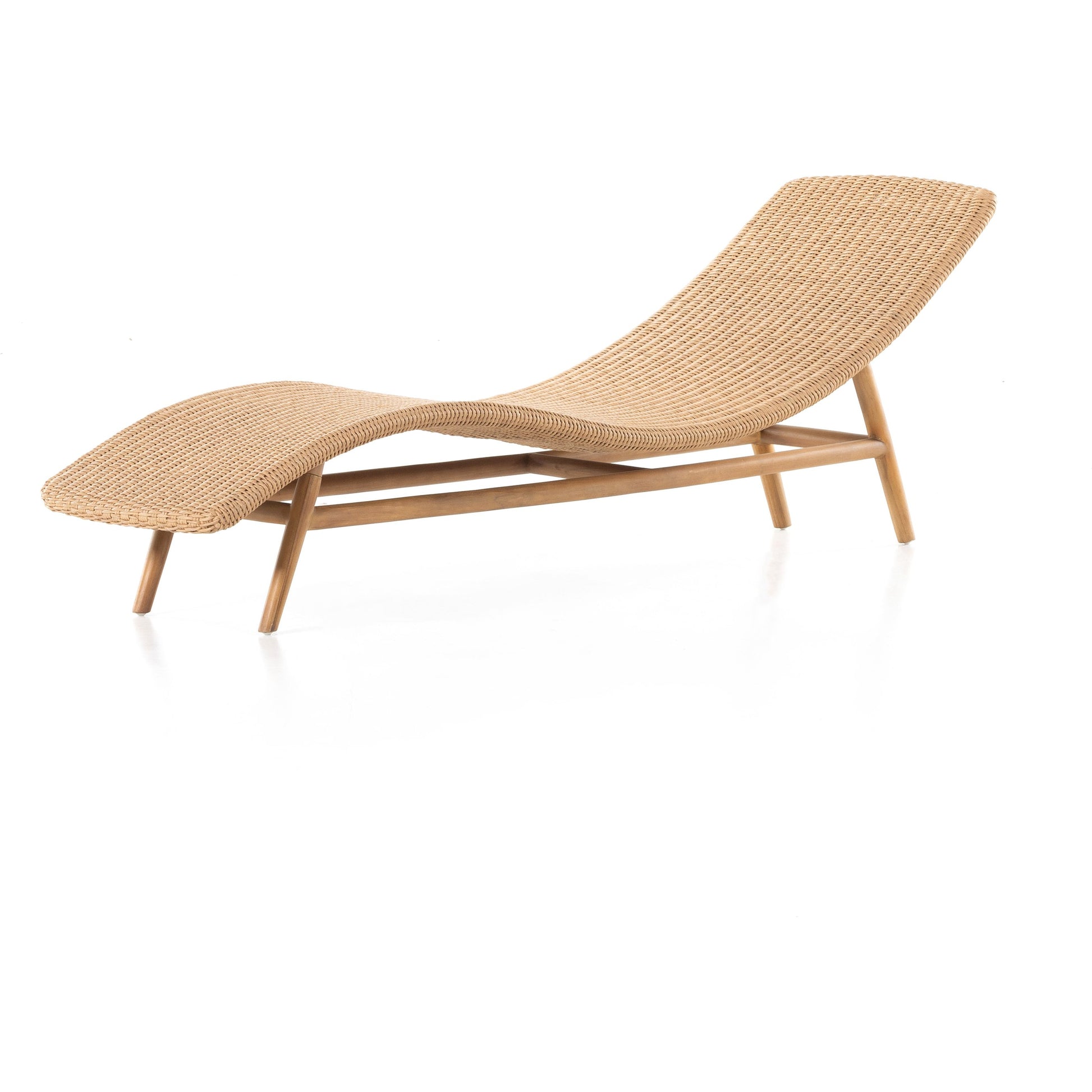 Portia Outdoor Chaise by Four Hands. Made from 100% polyethylene, solid teak, iron in a coastal style.