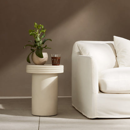 Grecia Outdoor End Table by Four Hands in white. Made from concrete in a modern style.