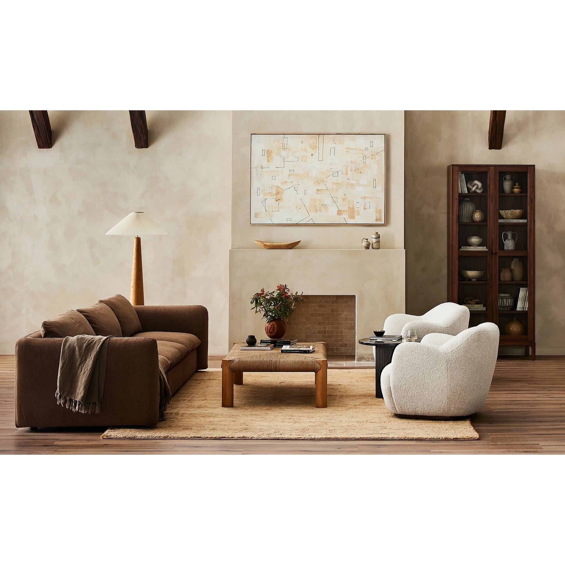 Nora Floor Lamp by Four Hands in light oak. Made from solid oak, 100% flax, linen, steel plating in a modern style.