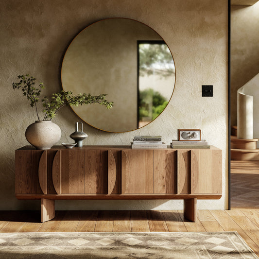Pickford Media Console by Four Hands in dusted oak veneer, dusted oak thin veneer and dusted oak. Made from thick oak veneer in a modern style.