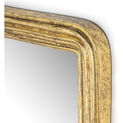 Vintage Louis Mirror by Four Hands in antiqued gold leaf, mirror and antiqued gold leaf. Made from aluminum, engineered hardwood, mirror in a transitional style.