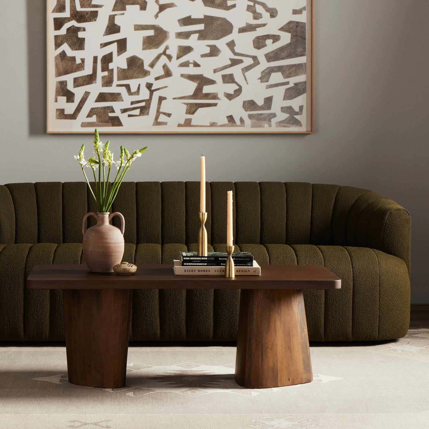 008 SI-1977602 | Lifestyle | Myla Coffee Table by Four Hands in aged brown. Made from solid mango in a modern style.