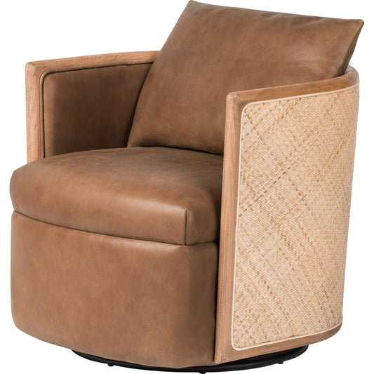 Newbury Swivel Chair by Four Hands in palermo cognac. Made from top grain leather, solid beech, cane in a modern style.