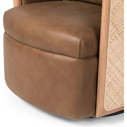 Newbury Swivel Chair by Four Hands in palermo cognac. Made from top grain leather, solid beech, cane in a modern style.