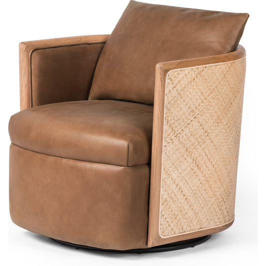 Newbury Swivel Chair by Four Hands in palermo cognac. Made from top grain leather, solid beech, cane in a modern style.
