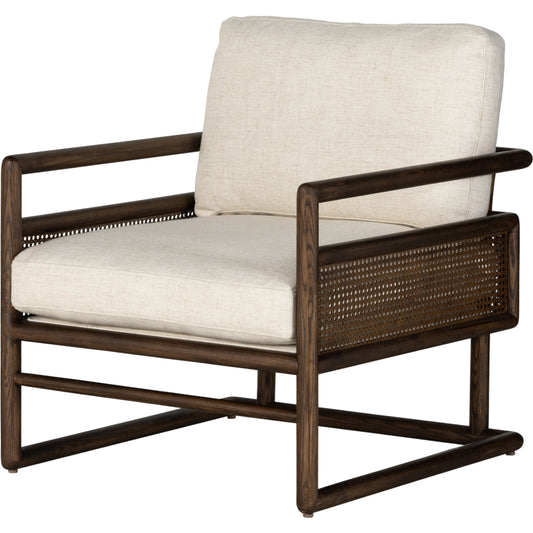 Carlin Chair by Four Hands in almond cane, alcala cream, almond ash. Made from 70% polyester, 20% viscose (rayon), 10% flax, linen, solid ash, cane in a modern style.