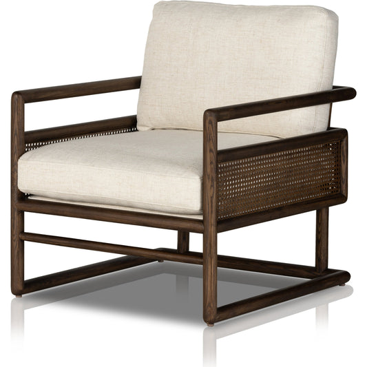 Carlin Chair by Four Hands in almond cane, alcala cream, almond ash. Made from 70% polyester, 20% viscose (rayon), 10% flax, linen, solid ash, cane in a modern style.