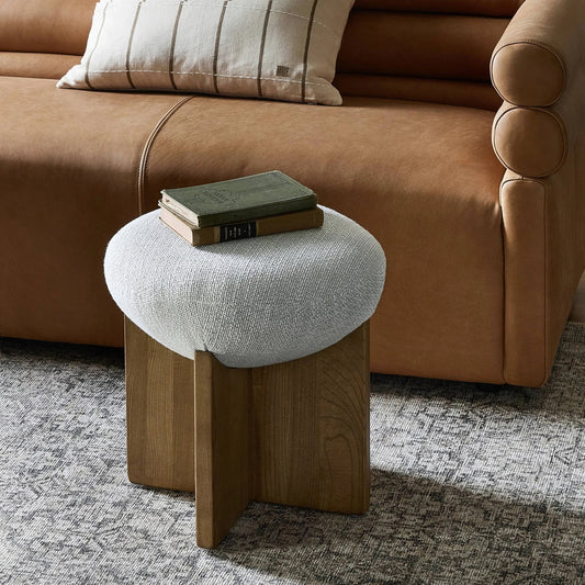 Dax Ottoman by Four Hands in gibson wheat, toasted ash solid. Made from 97% polyester, 3% acrylic, solid ash, poplar plywood in a coastal style.