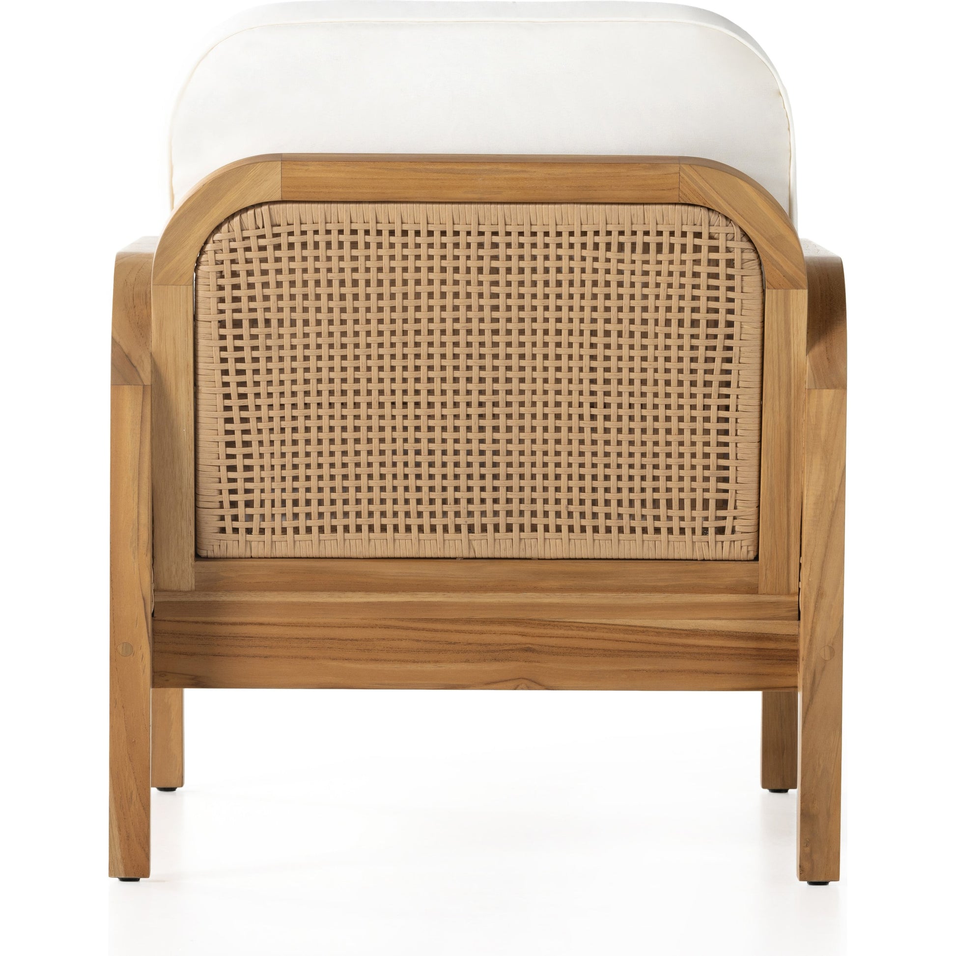 Merit Outdoor Chair by Four Hands in natural ivory and natural teak. Made from 100% olefin, solid fsc®-certified teak, 100% polyethylene in a coastal style.