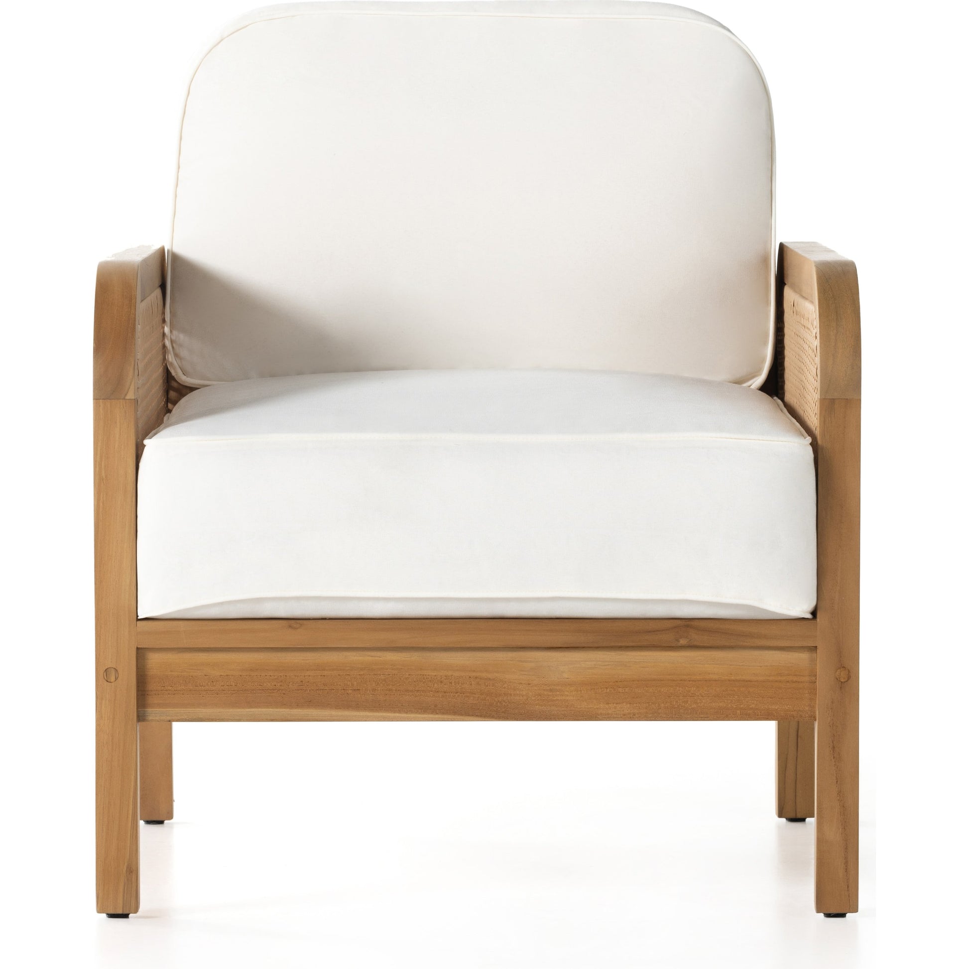 Merit Outdoor Chair by Four Hands in natural ivory and natural teak. Made from 100% olefin, solid fsc®-certified teak, 100% polyethylene in a coastal style.