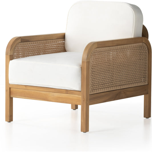Merit Outdoor Chair by Four Hands in natural ivory and natural teak. Made from 100% olefin, solid fsc®-certified teak, 100% polyethylene in a coastal style.