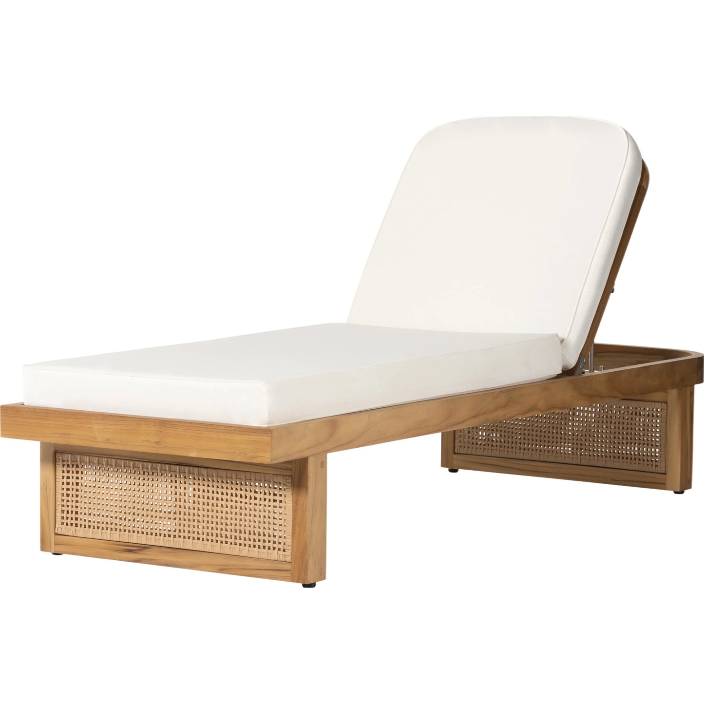 001 SI-1902452 | Primary Silo | Merit Outdoor Chaise Lounge by Four Hands in natural ivory and natural teak. Made from 100% olefin, solid fsc®-certified teak, 100% polyethylene in a coastal style.