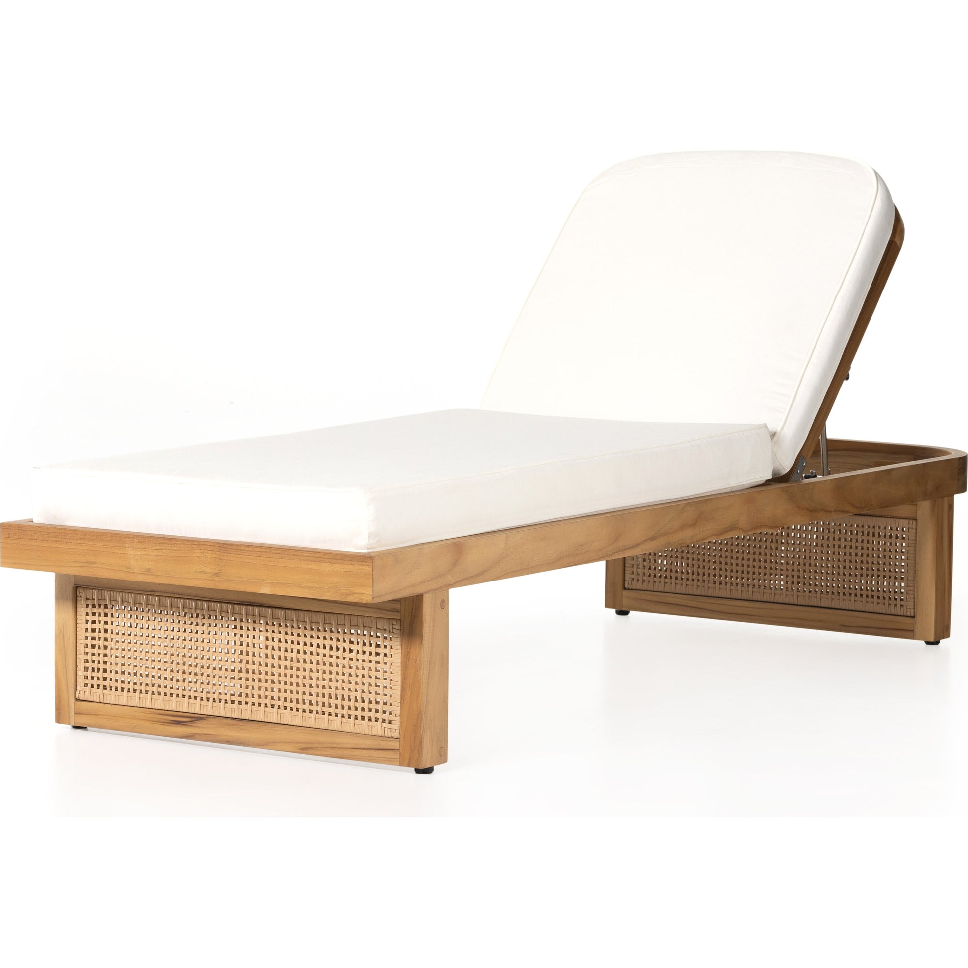 Merit Outdoor Chaise Lounge by Four Hands in natural ivory and natural teak. Made from 100% olefin, solid fsc®-certified teak, 100% polyethylene in a coastal style.