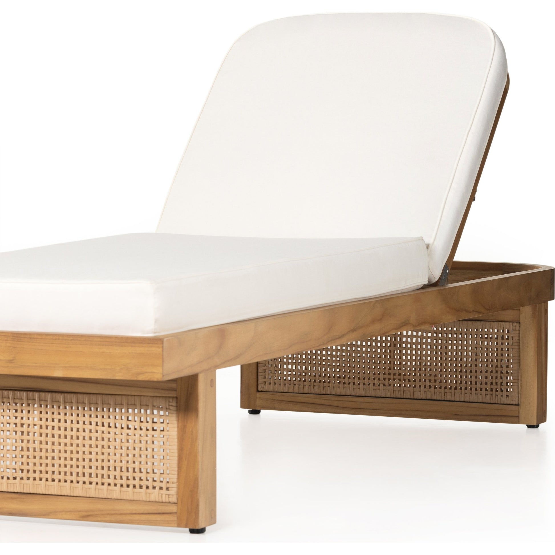 Merit Outdoor Chaise Lounge by Four Hands in natural ivory and natural teak. Made from 100% olefin, solid fsc®-certified teak, 100% polyethylene in a coastal style.