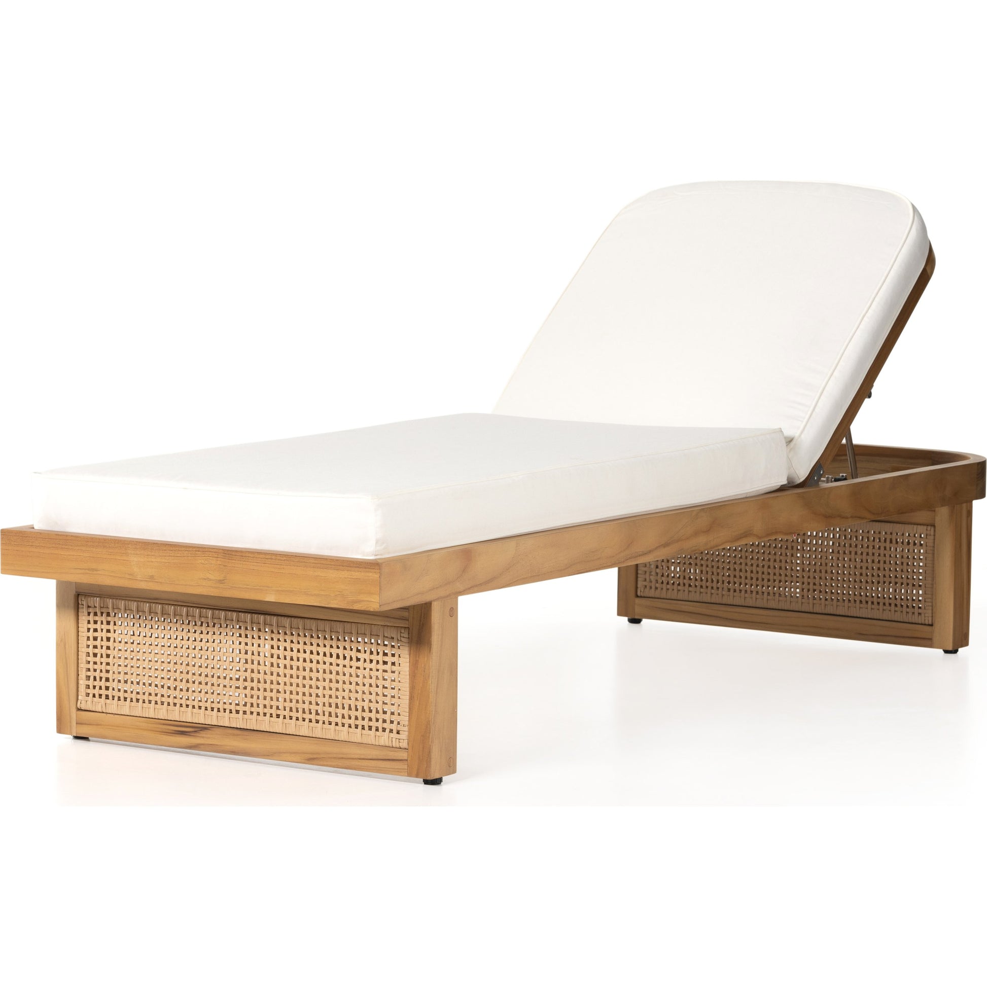Merit Outdoor Chaise Lounge by Four Hands in natural ivory and natural teak. Made from 100% olefin, solid fsc®-certified teak, 100% polyethylene in a coastal style.