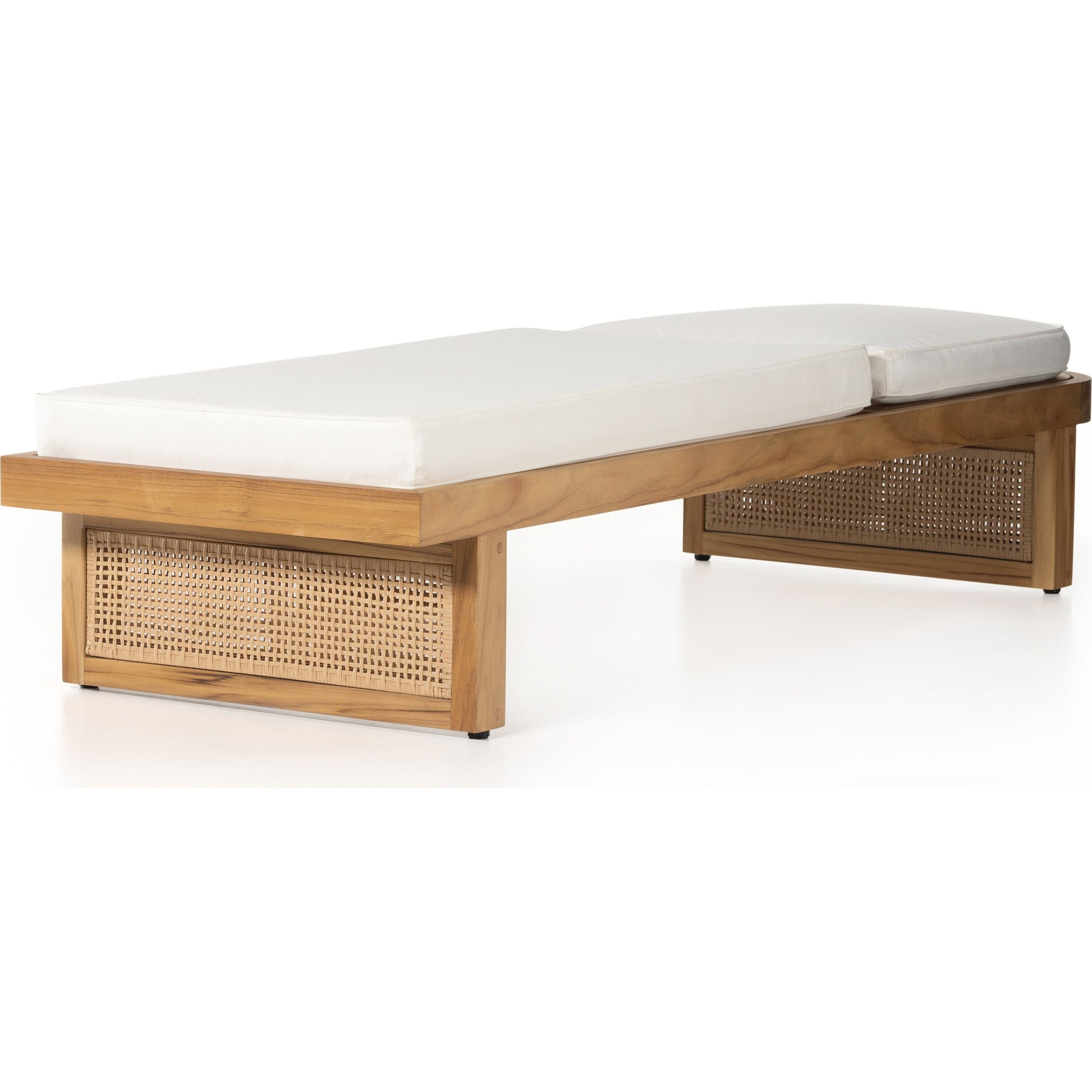 Merit Outdoor Chaise Lounge by Four Hands in natural ivory and natural teak. Made from 100% olefin, solid fsc®-certified teak, 100% polyethylene in a coastal style.