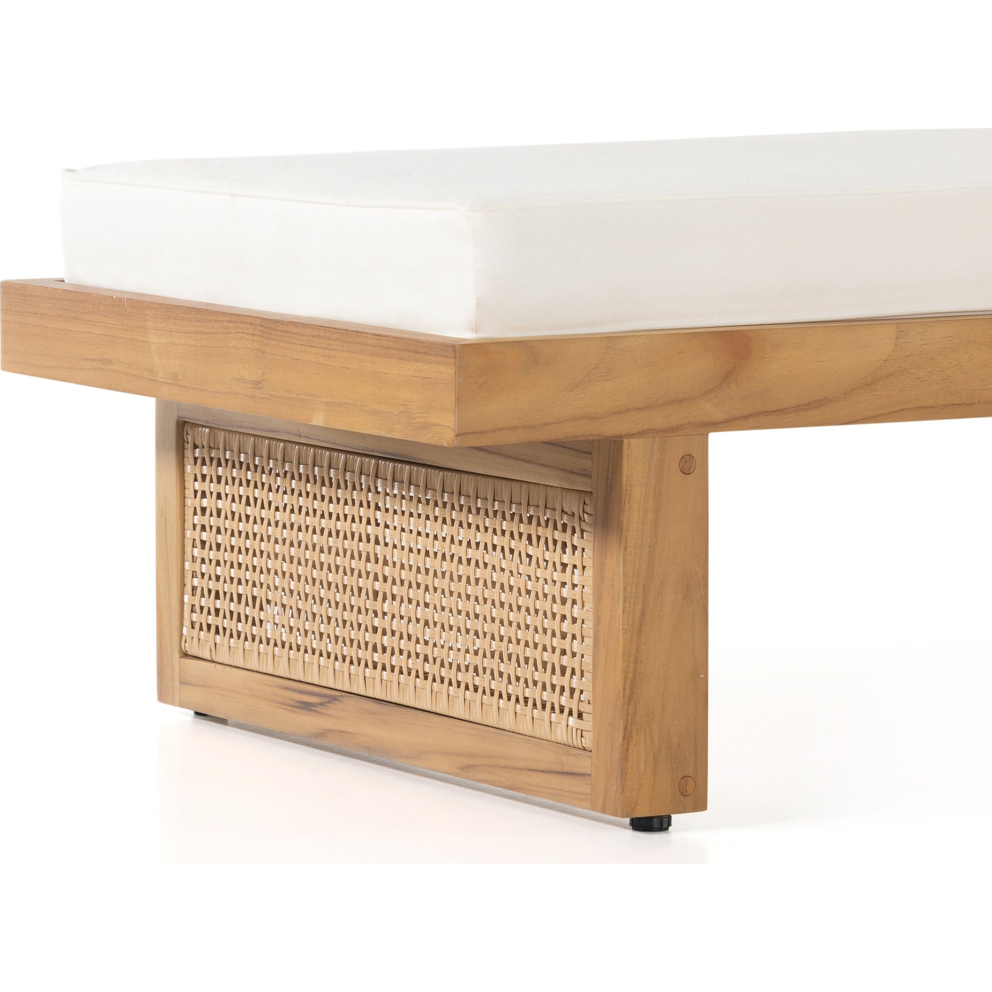 Merit Outdoor Chaise Lounge by Four Hands in natural ivory and natural teak. Made from 100% olefin, solid fsc®-certified teak, 100% polyethylene in a coastal style.