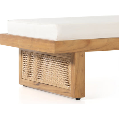 Merit Outdoor Chaise Lounge by Four Hands in natural ivory and natural teak. Made from 100% olefin, solid fsc®-certified teak, 100% polyethylene in a coastal style.
