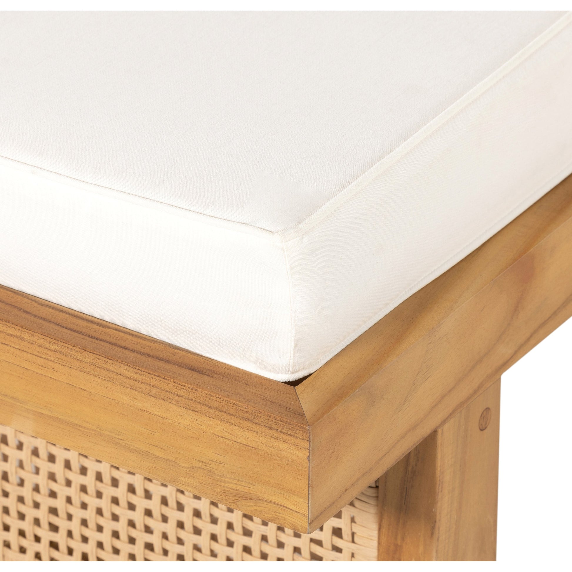 Merit Outdoor Chaise Lounge by Four Hands in natural ivory and natural teak. Made from 100% olefin, solid fsc®-certified teak, 100% polyethylene in a coastal style.