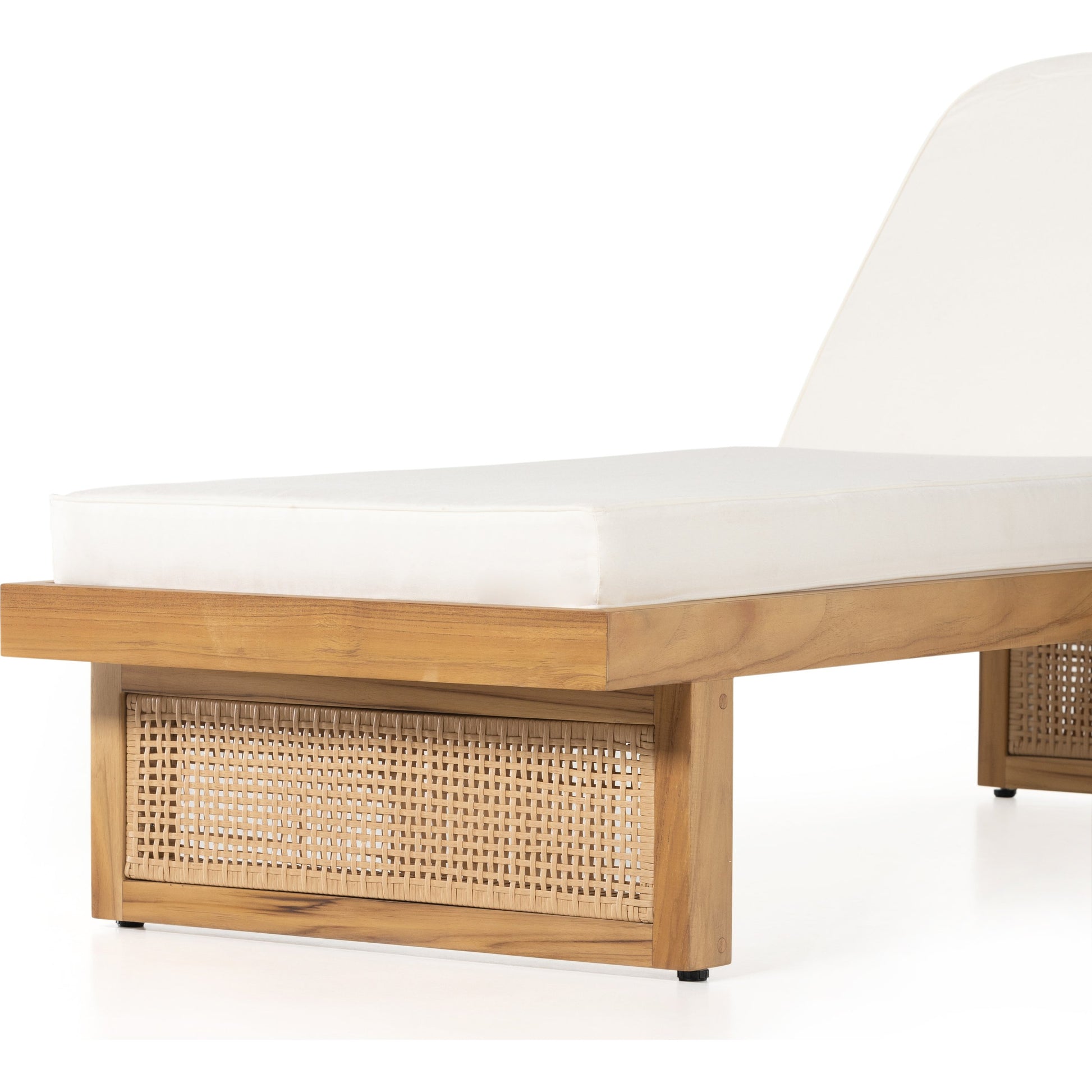 Merit Outdoor Chaise Lounge by Four Hands in natural ivory and natural teak. Made from 100% olefin, solid fsc®-certified teak, 100% polyethylene in a coastal style.
