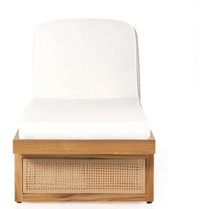 Merit Outdoor Chaise Lounge by Four Hands in natural ivory and natural teak. Made from 100% olefin, solid fsc®-certified teak, 100% polyethylene in a coastal style.