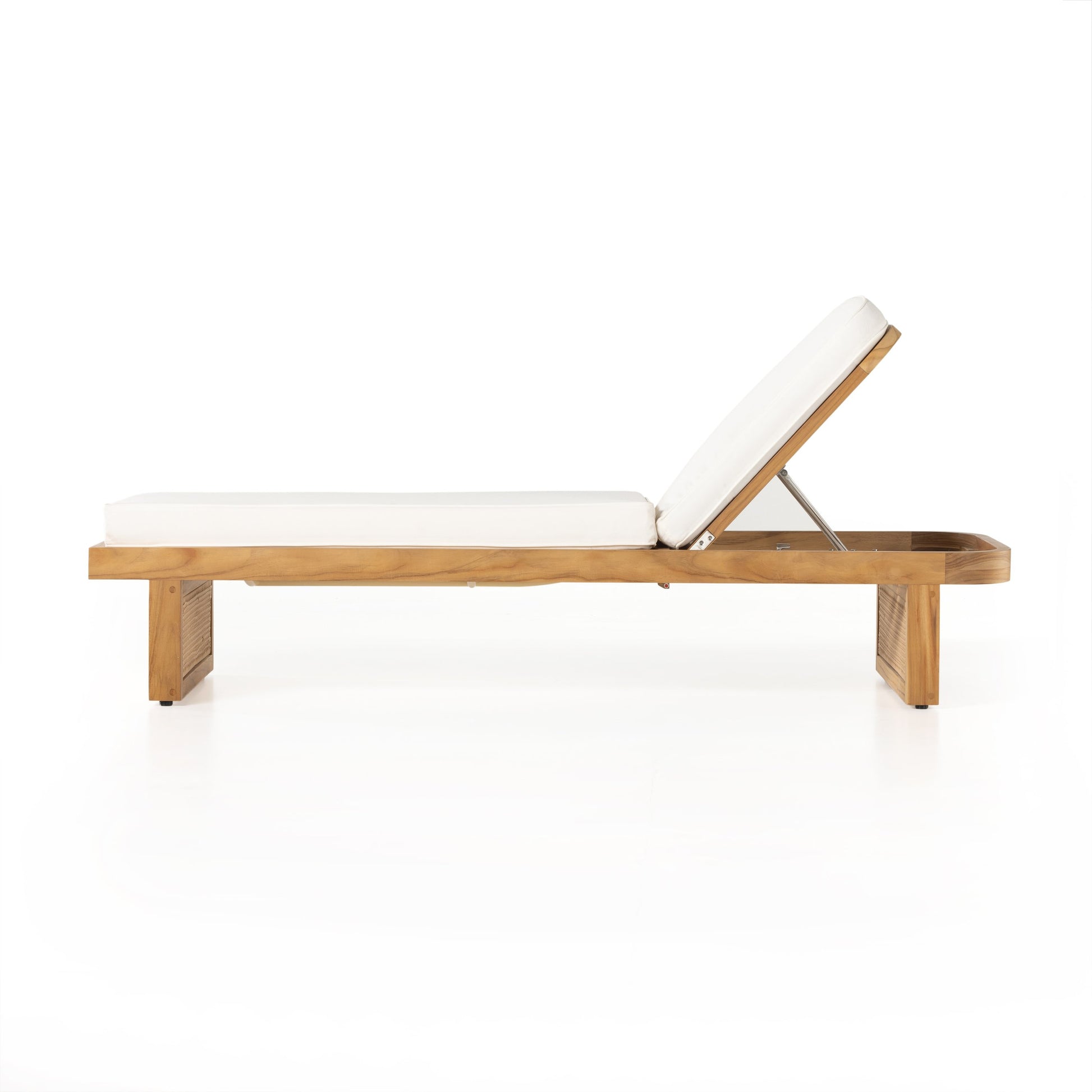 Merit Outdoor Chaise Lounge by Four Hands in natural ivory and natural teak. Made from 100% olefin, solid fsc®-certified teak, 100% polyethylene in a coastal style.
