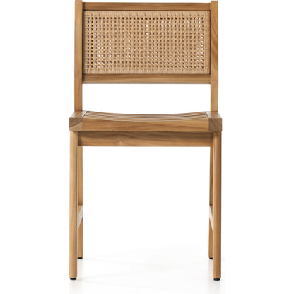 Merit Outdoor Dining Chair by Four Hands in faux rattan, natural teak. Made from solid fsc®-certified teak, 100% polyethylene in a transitional style.