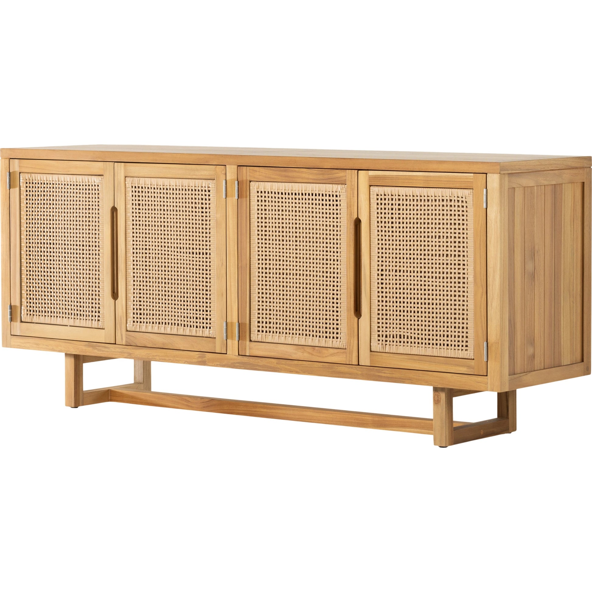 Merit Outdoor Sideboard by Four Hands in faux rattan, natural teak. Made from solid fsc®-certified teak, 100% polyethylene in a coastal style.