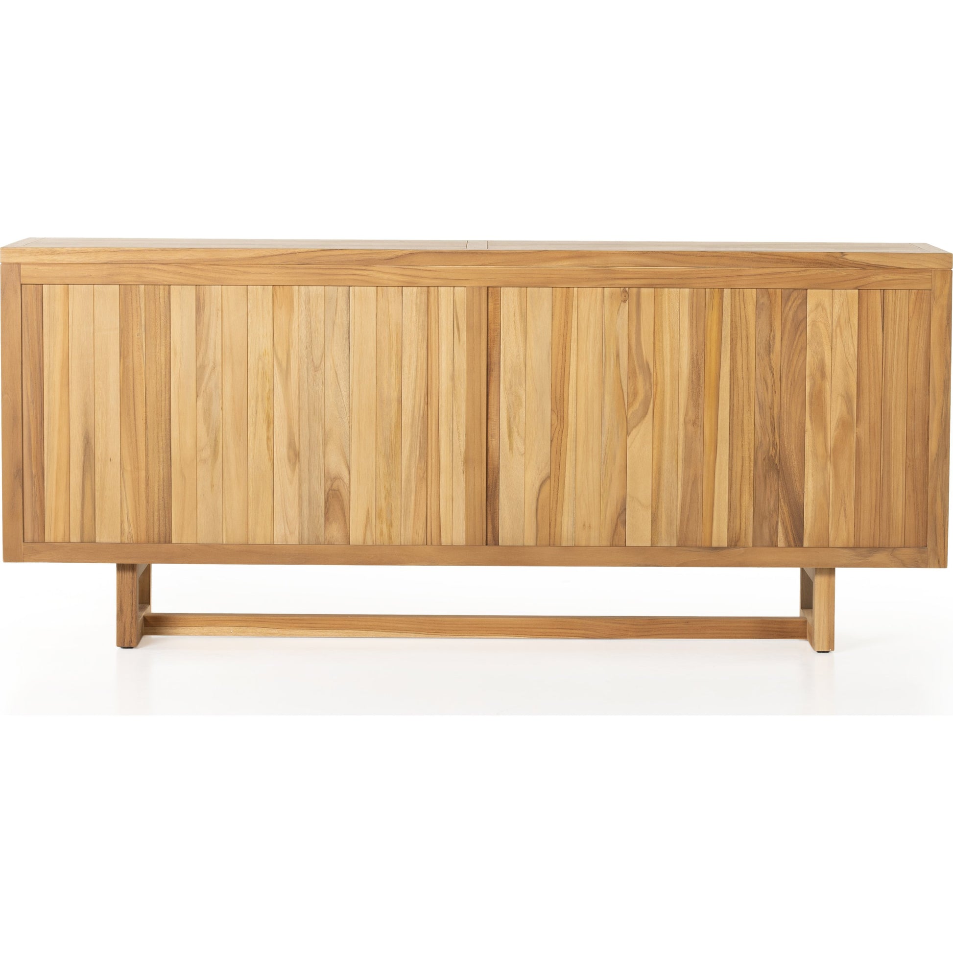 Merit Outdoor Sideboard by Four Hands in faux rattan, natural teak. Made from solid fsc®-certified teak, 100% polyethylene in a coastal style.