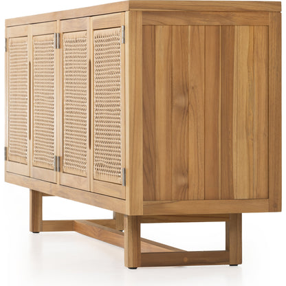 Merit Outdoor Sideboard by Four Hands in faux rattan, natural teak. Made from solid fsc®-certified teak, 100% polyethylene in a coastal style.